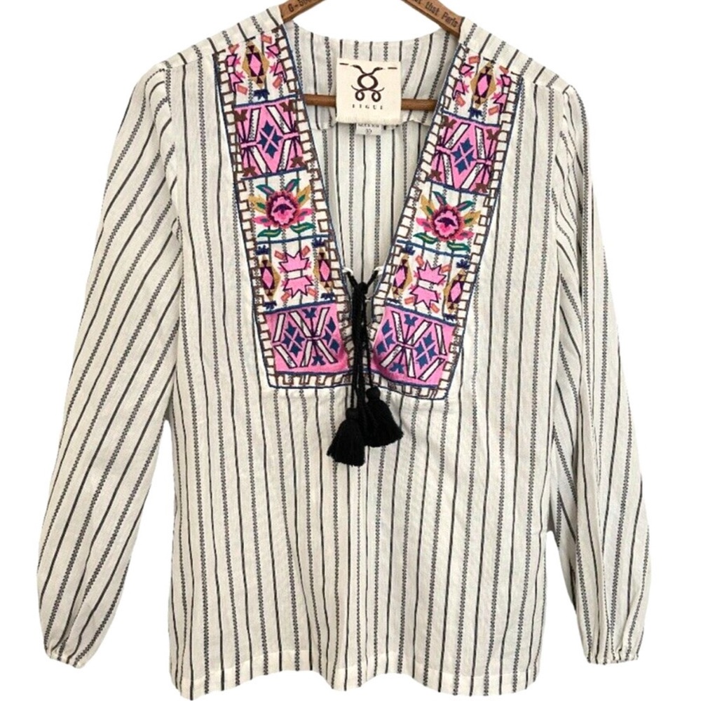 Figue Tie Front Embroidered Striped Cotton Boho Blouse Tassel Cutout Top Medium